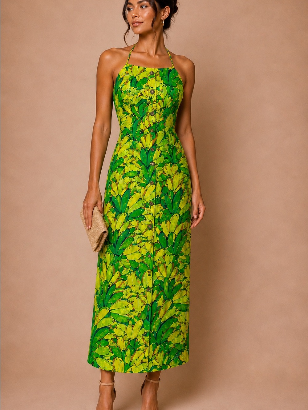 Farm Rio Green Tropical Backless Halter Dress